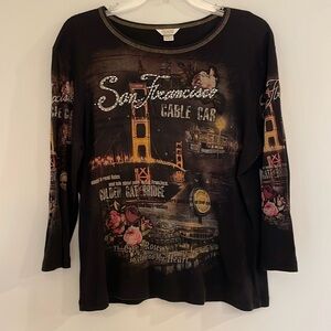 Christopher & Banks Y2K San Francisco Cable Car Print Black Knit Shirt Women XL